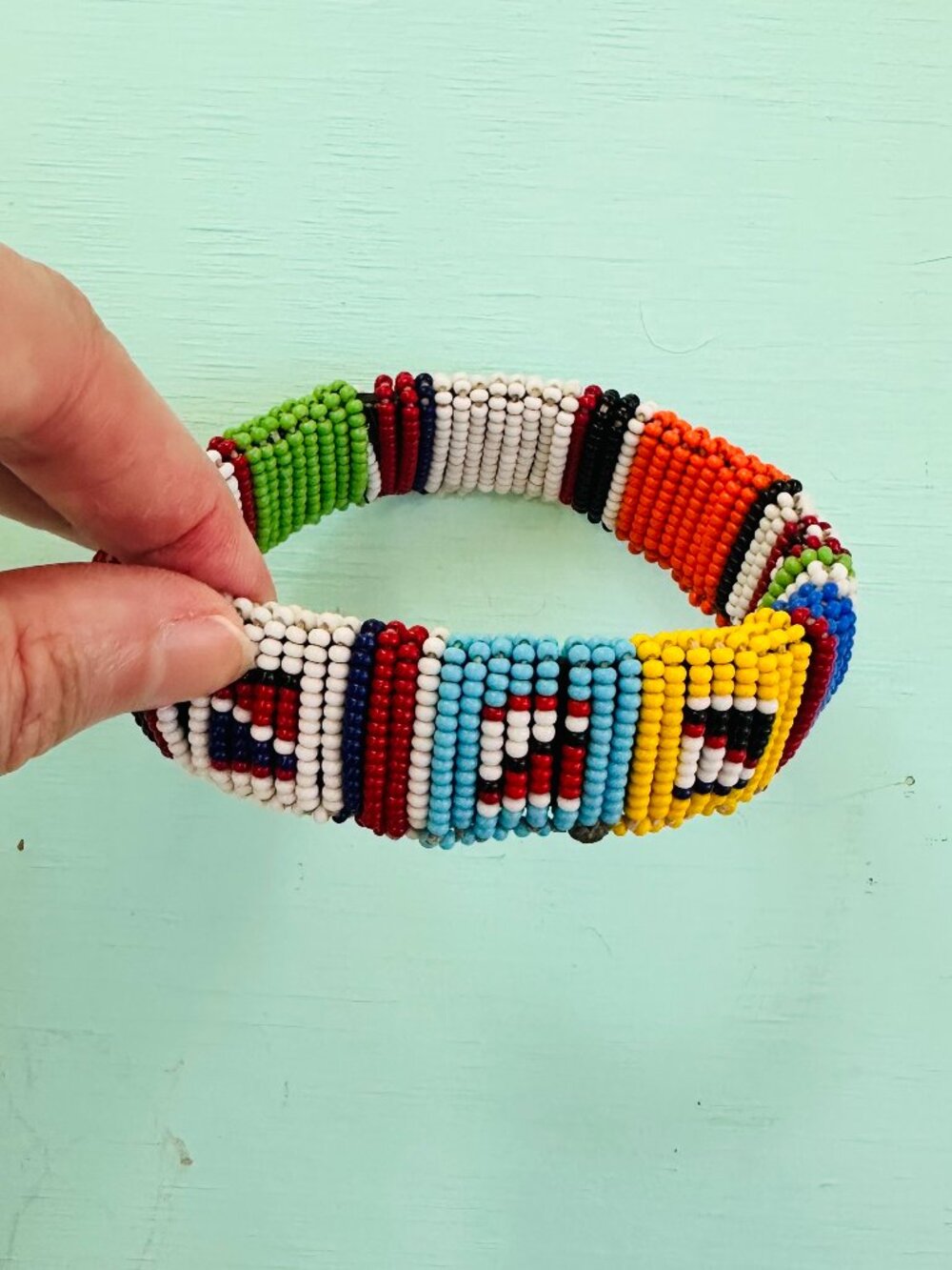 Vintage Seed Bead Bracelet Multicolor Geometric Stretch Bangle Boho Jewelry